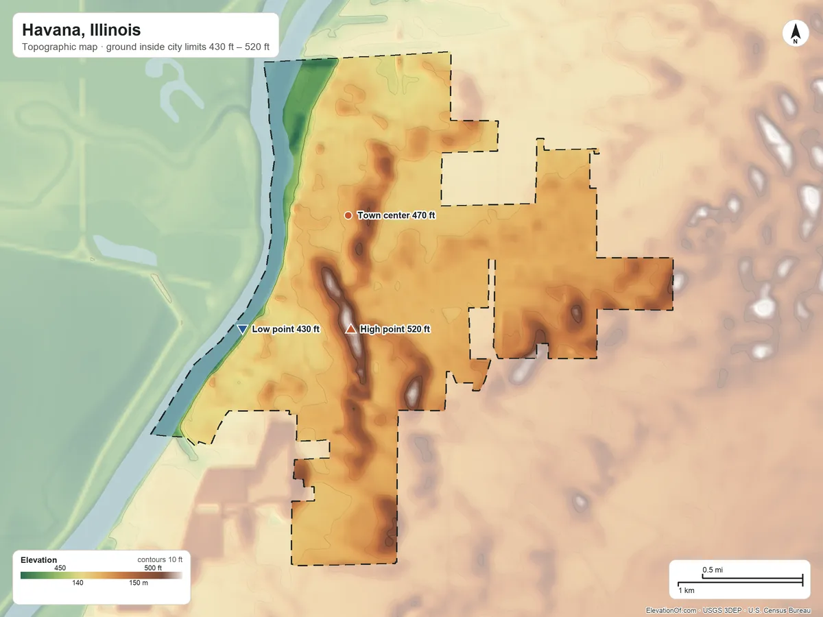Topographic elevation map of Havana, Illinois, shaded from 430 ft on the southwest side to 520 ft on the south side