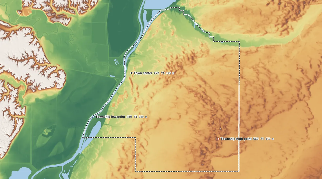 Topographic elevation map of Havana Township, Illinois, shaded from 430 ft on the southwest side to 560 ft on the southeast side