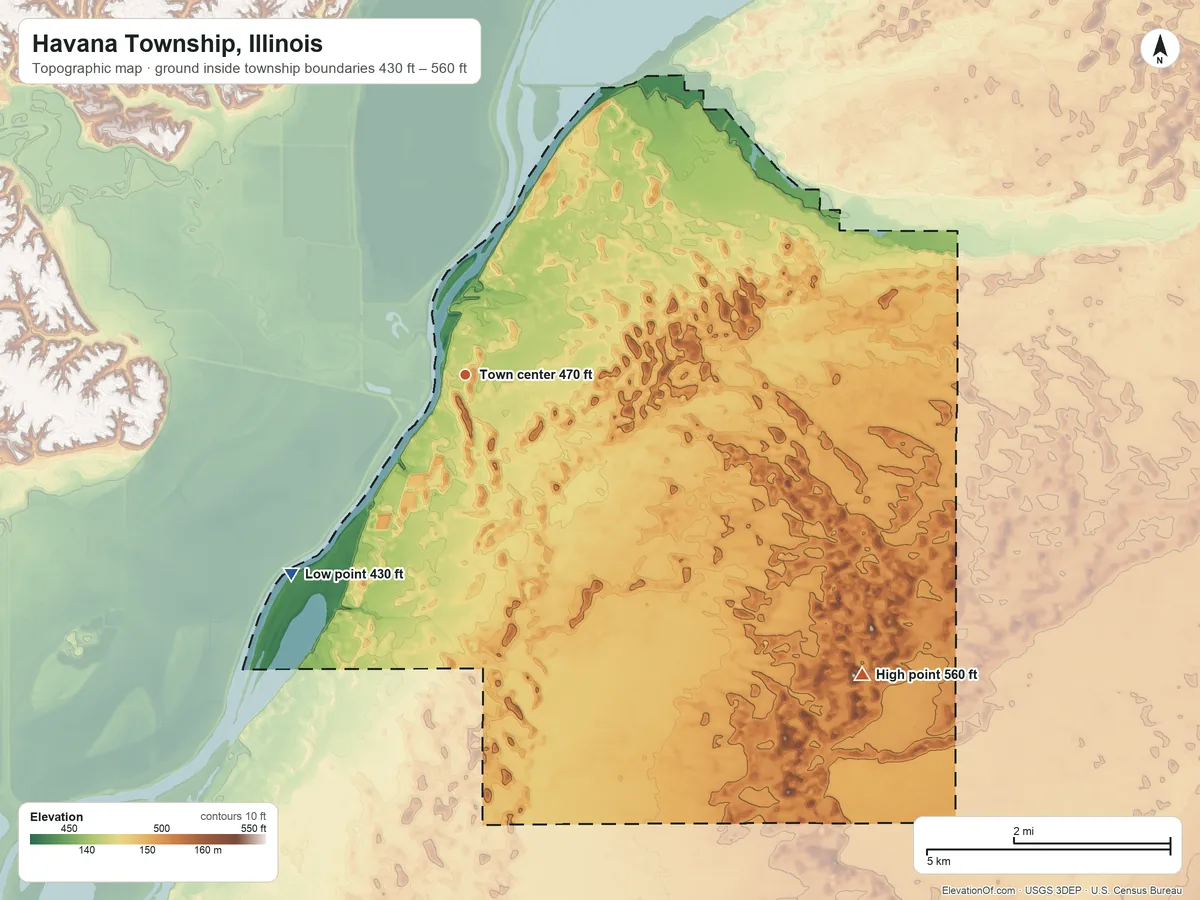 Topographic elevation map of Havana Township, Illinois, shaded from 430 ft on the southwest side to 560 ft on the southeast side