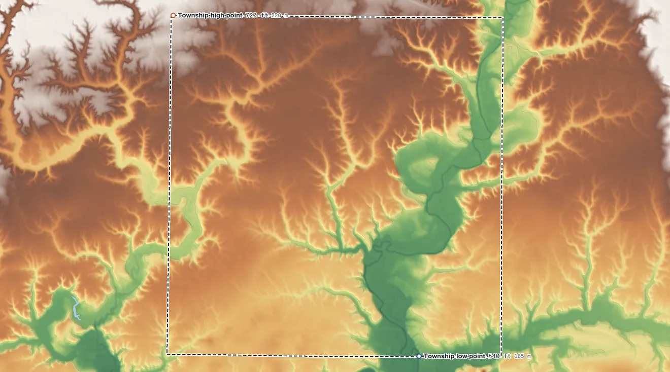 Topographic elevation map of Haw Creek Township, Illinois, shaded from 540 ft on the southeast side to 720 ft on the northwest side
