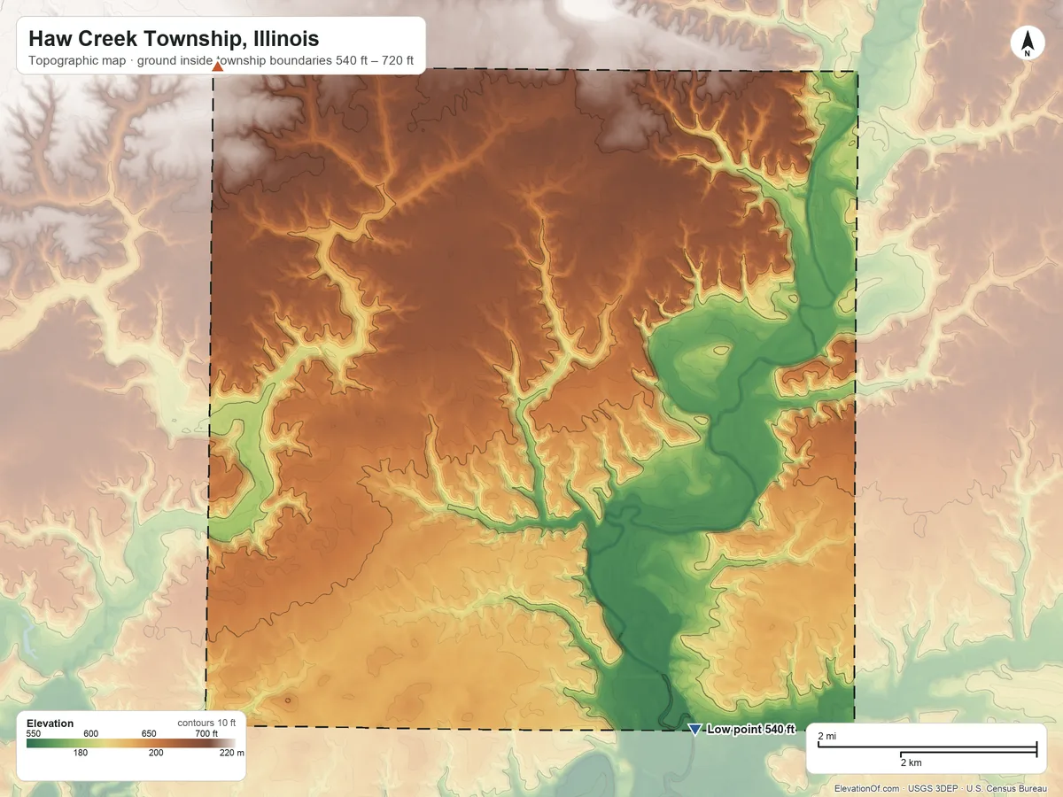 Topographic elevation map of Haw Creek Township, Illinois, shaded from 540 ft on the southeast side to 720 ft on the northwest side