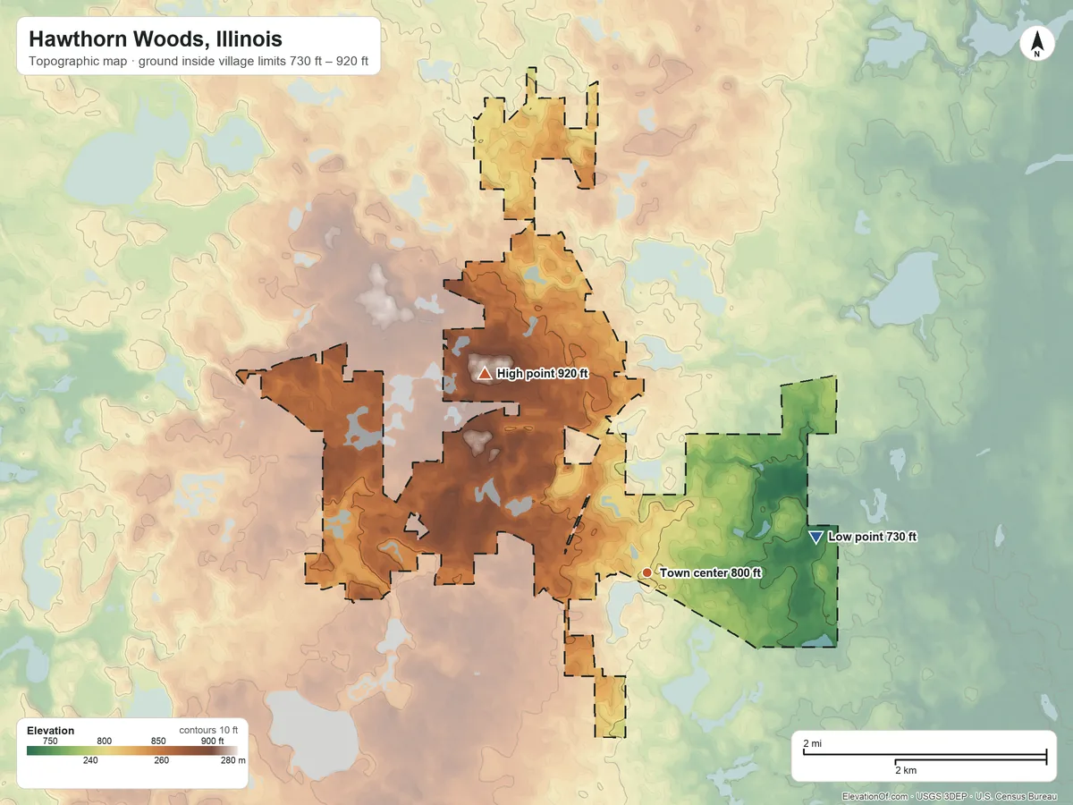 Topographic elevation map of Hawthorn Woods, Illinois, shaded from 730 ft on the east side to 920 ft on the northwest side
