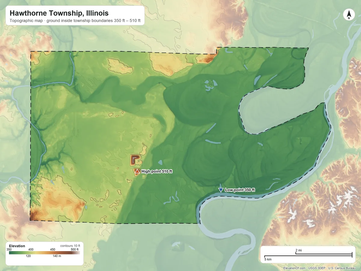 Topographic elevation map of Hawthorne Township, Illinois, shaded from 350 ft on the southeast side to 510 ft on the southeast side