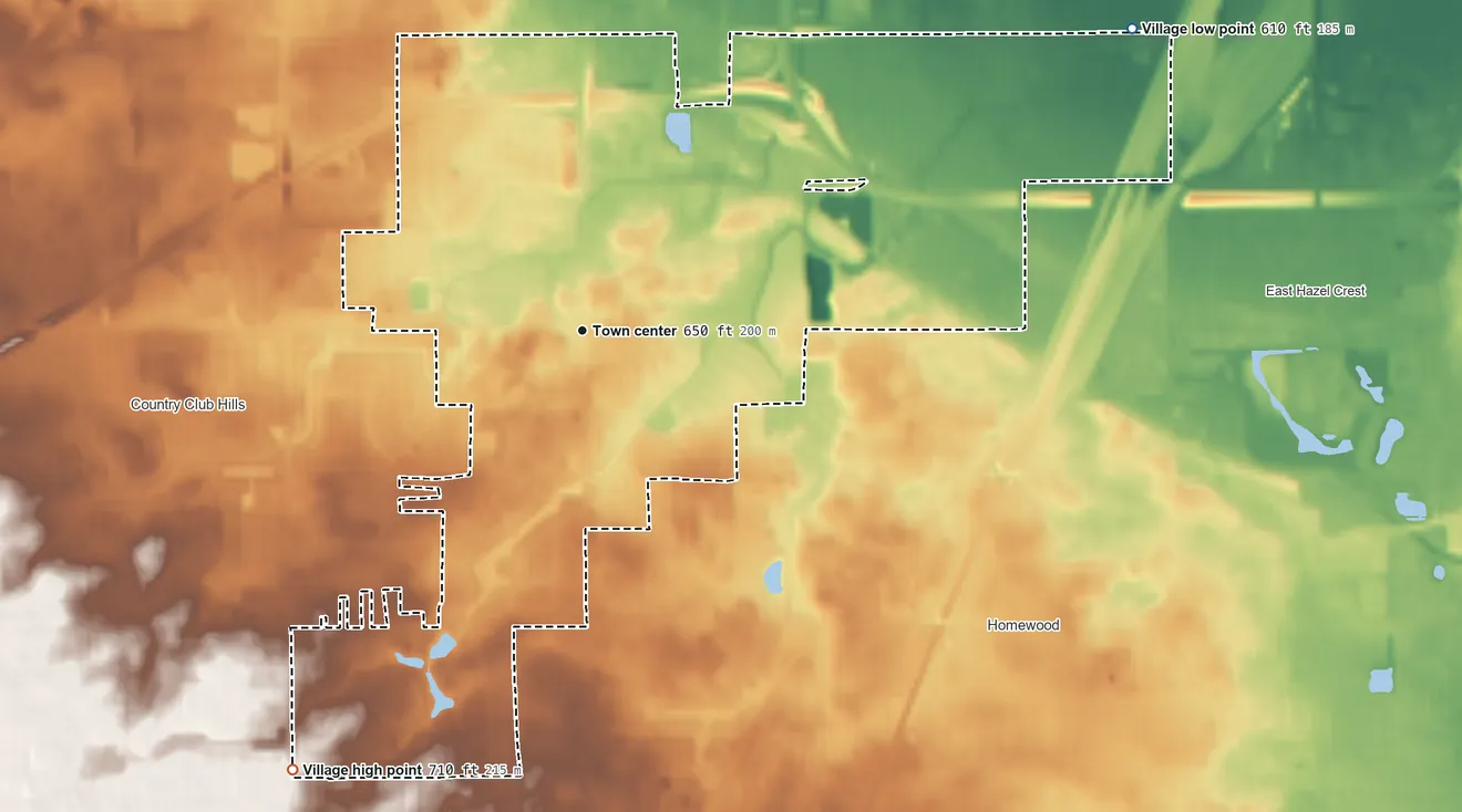 Topographic elevation map of Hazel Crest, Illinois, shaded from 610 ft on the northeast side to 710 ft on the southwest side