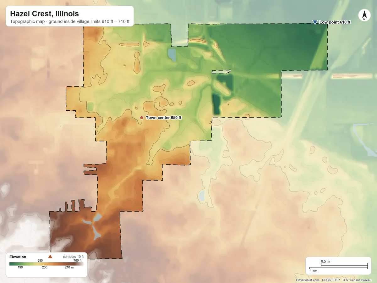Topographic elevation map of Hazel Crest, Illinois, shaded from 610 ft on the northeast side to 710 ft on the southwest side