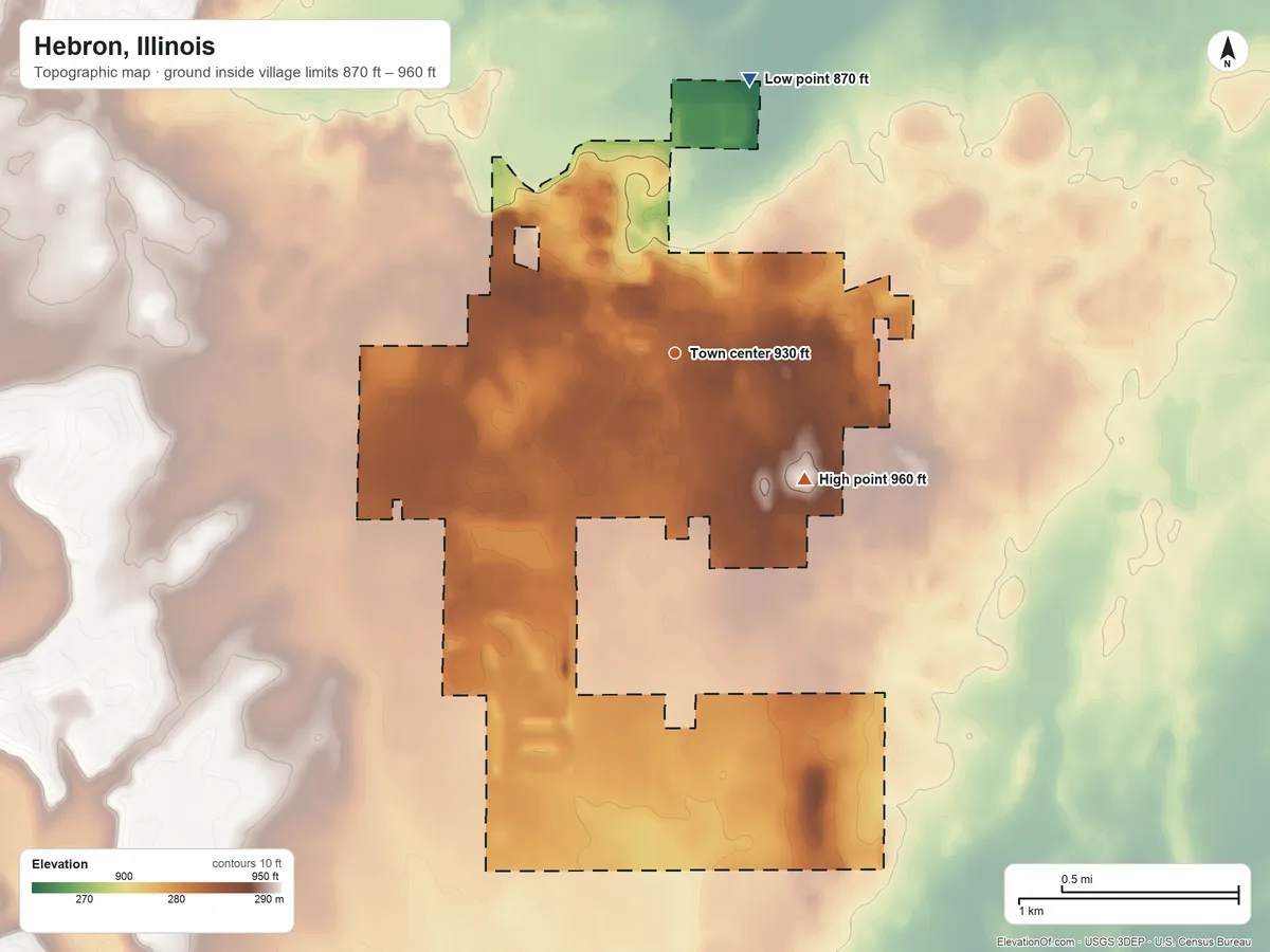 Topographic elevation map of Hebron, Illinois, shaded from 870 ft on the north side to 960 ft on the southeast side