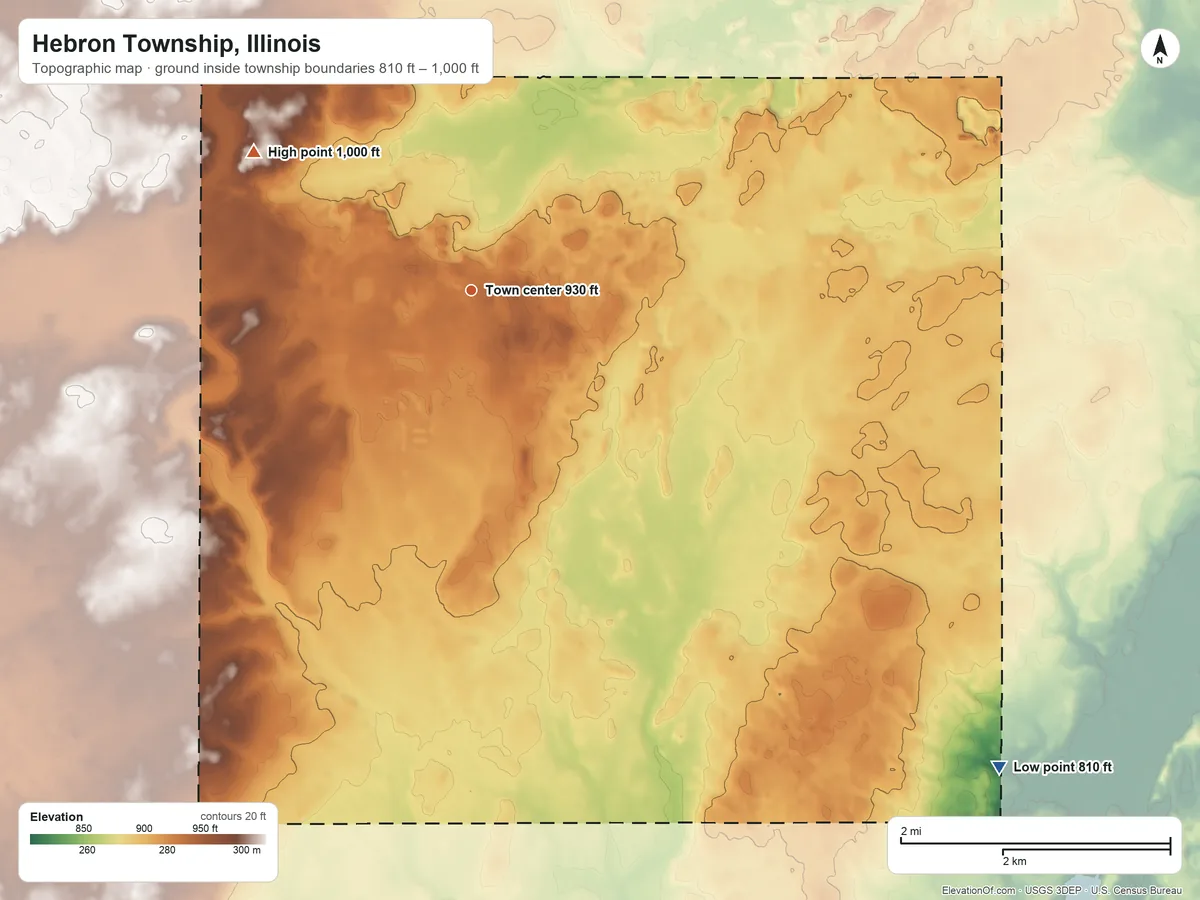 Topographic elevation map of Hebron Township, Illinois, shaded from 810 ft on the southeast side to 1,000 ft on the northwest side