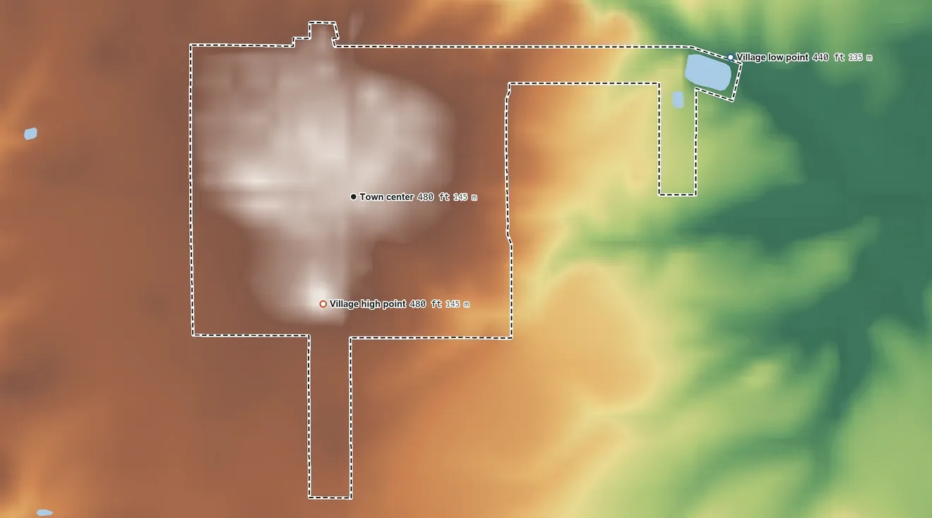 Topographic elevation map of Hecker, Illinois, shaded from 440 ft on the east side to 480 ft on the south side