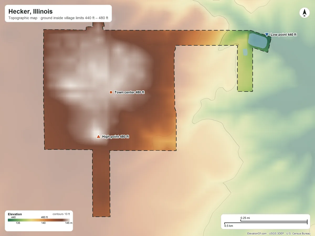 Topographic elevation map of Hecker, Illinois, shaded from 440 ft on the east side to 480 ft on the south side