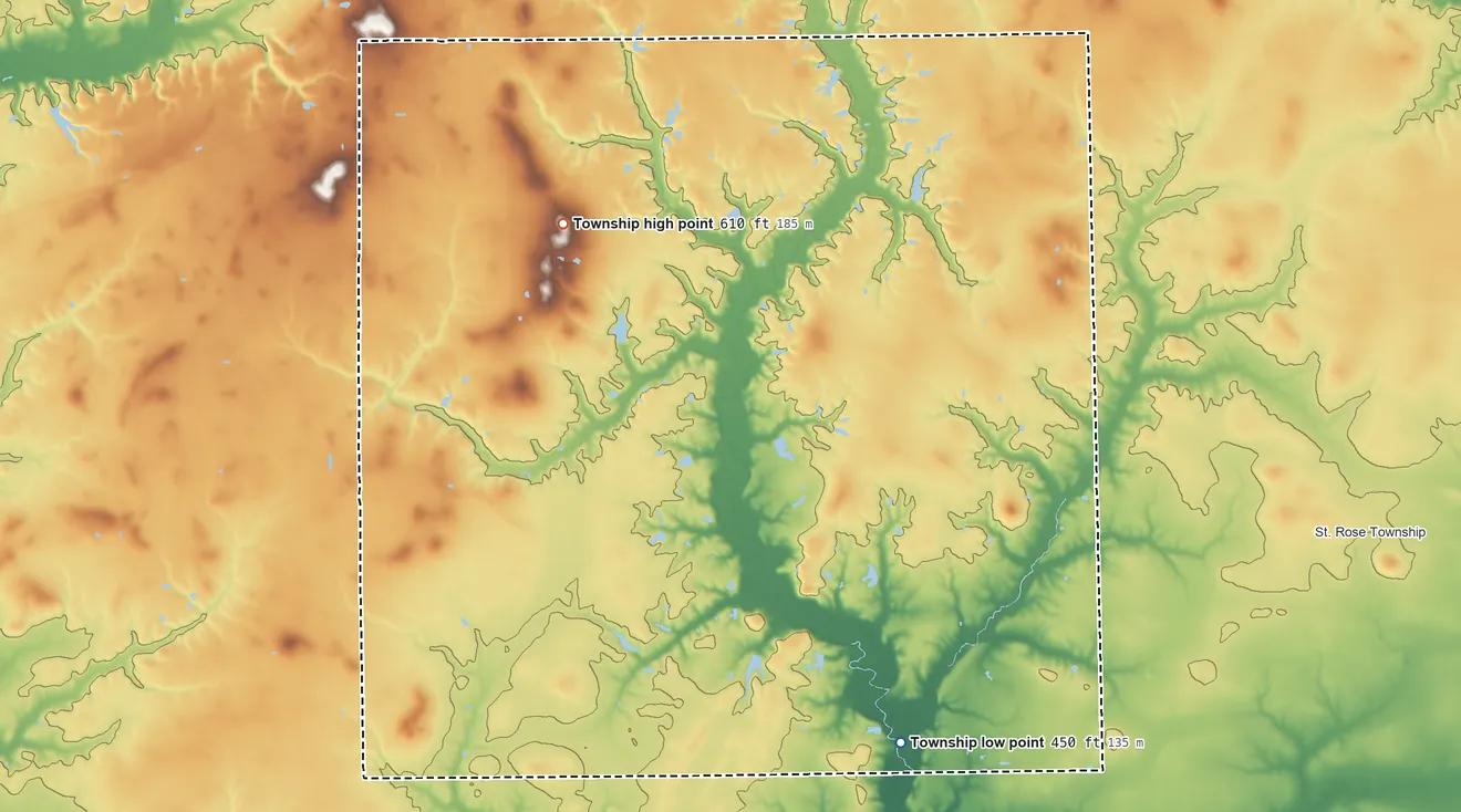 Topographic elevation map of Helvetia Township, Illinois, shaded from 450 ft on the southeast side to 610 ft on the southwest side