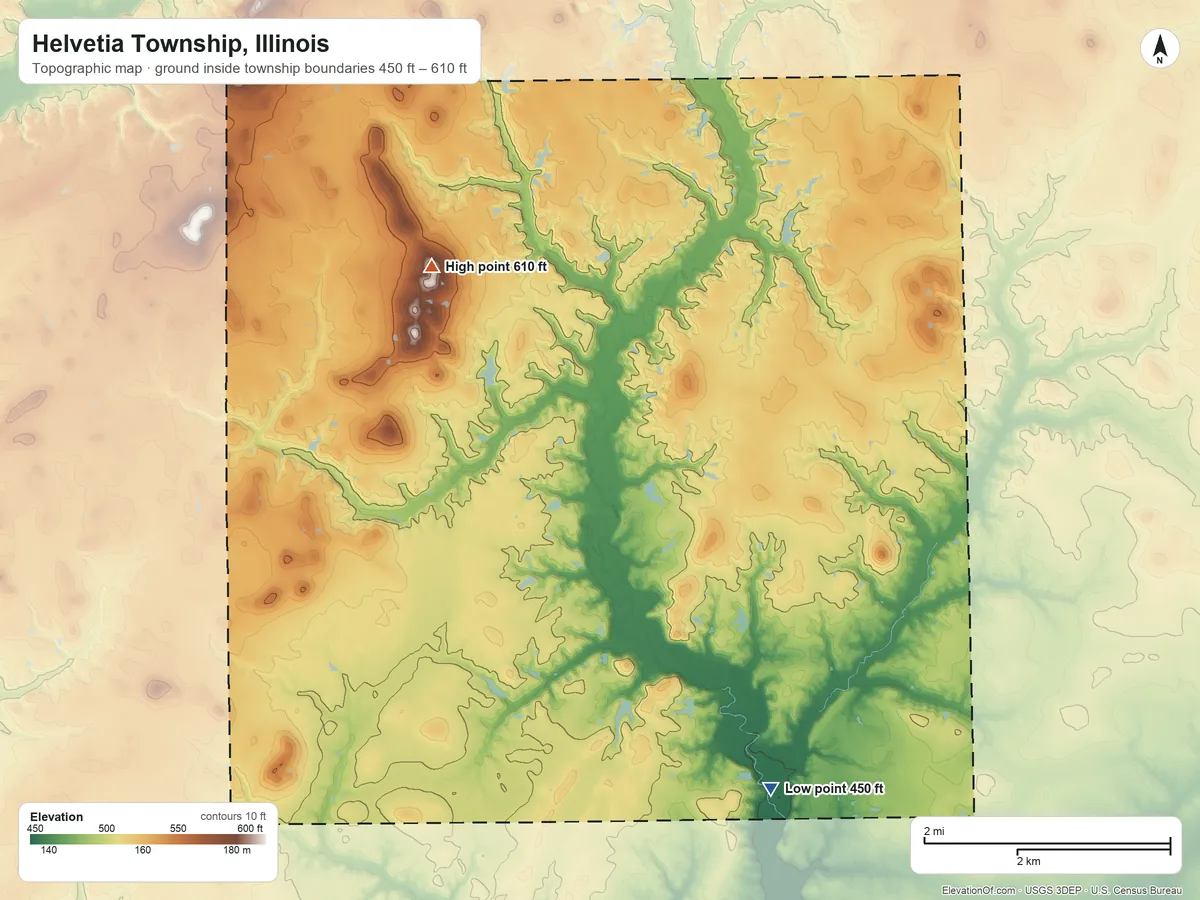 Topographic elevation map of Helvetia Township, Illinois, shaded from 450 ft on the southeast side to 610 ft on the southwest side