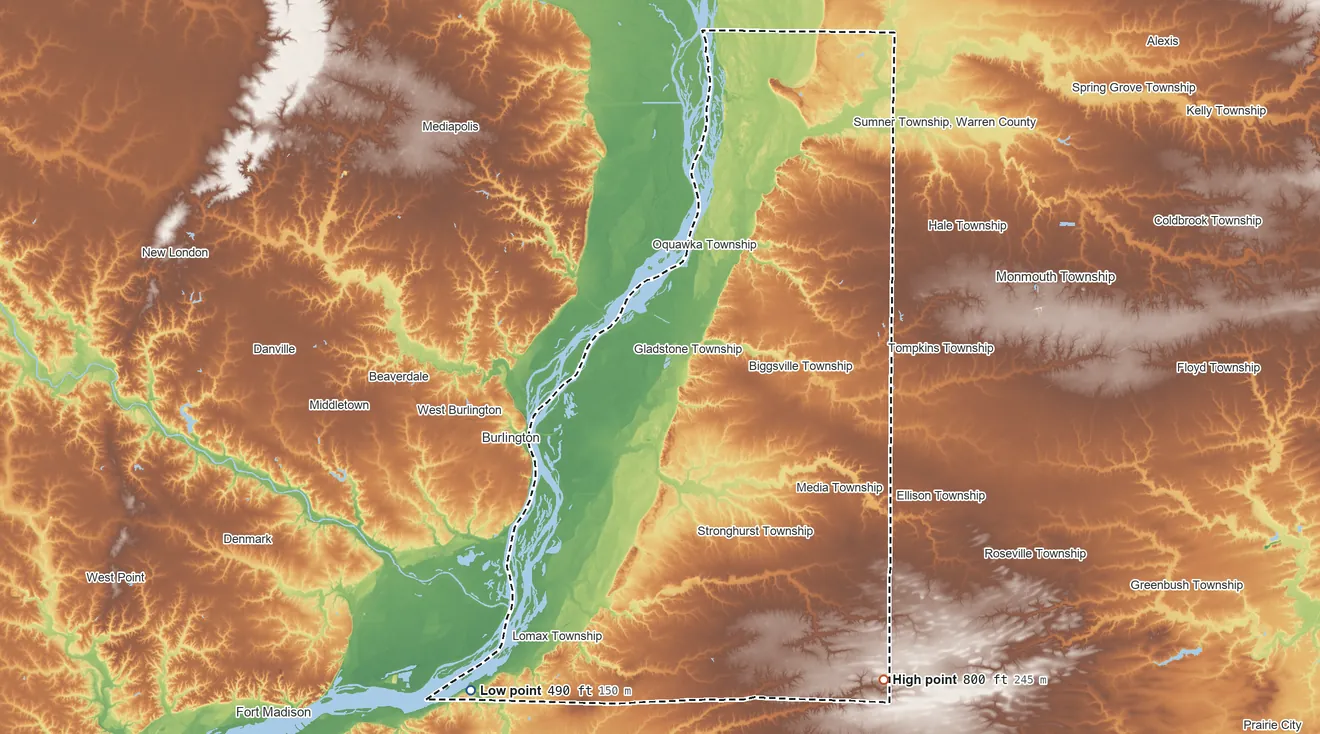Topographic elevation map of Henderson County, Illinois, shaded from 490 ft on the southwest side to 800 ft on the southeast side