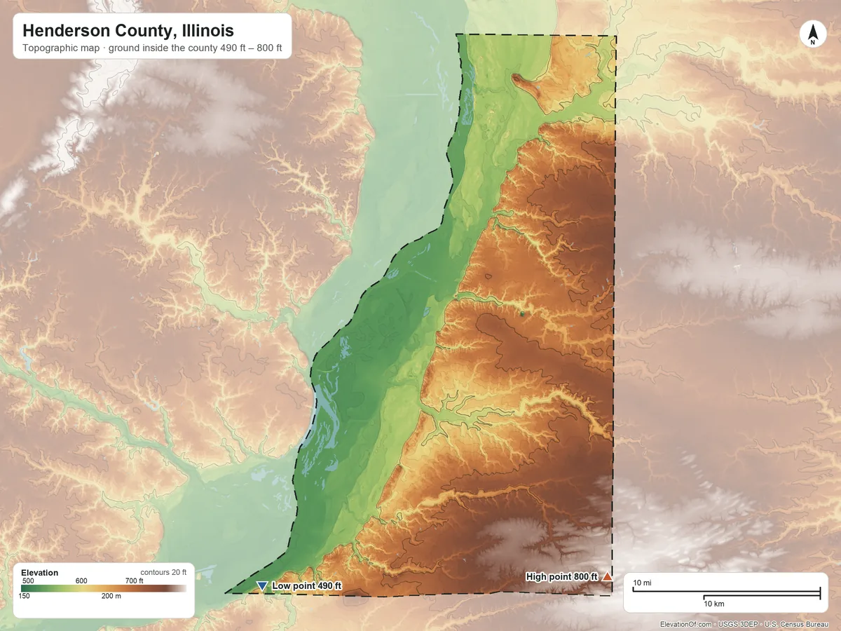 Topographic elevation map of Henderson County, Illinois, shaded from 490 ft on the southwest side to 800 ft on the southeast side