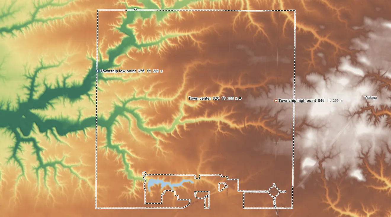Topographic elevation map of Henderson Township, Illinois, shaded from 670 ft on the west side to 840 ft on the east side