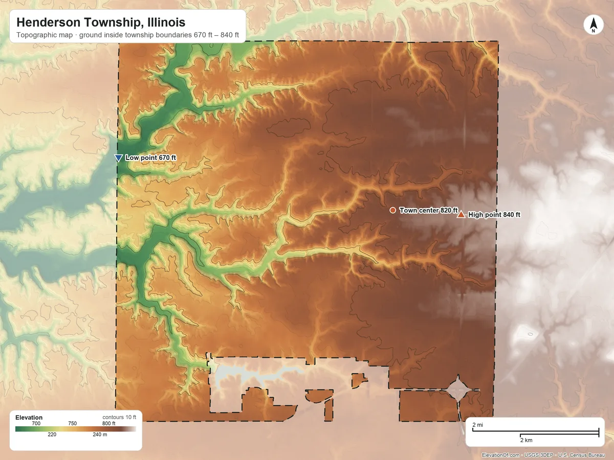 Topographic elevation map of Henderson Township, Illinois, shaded from 670 ft on the west side to 840 ft on the east side