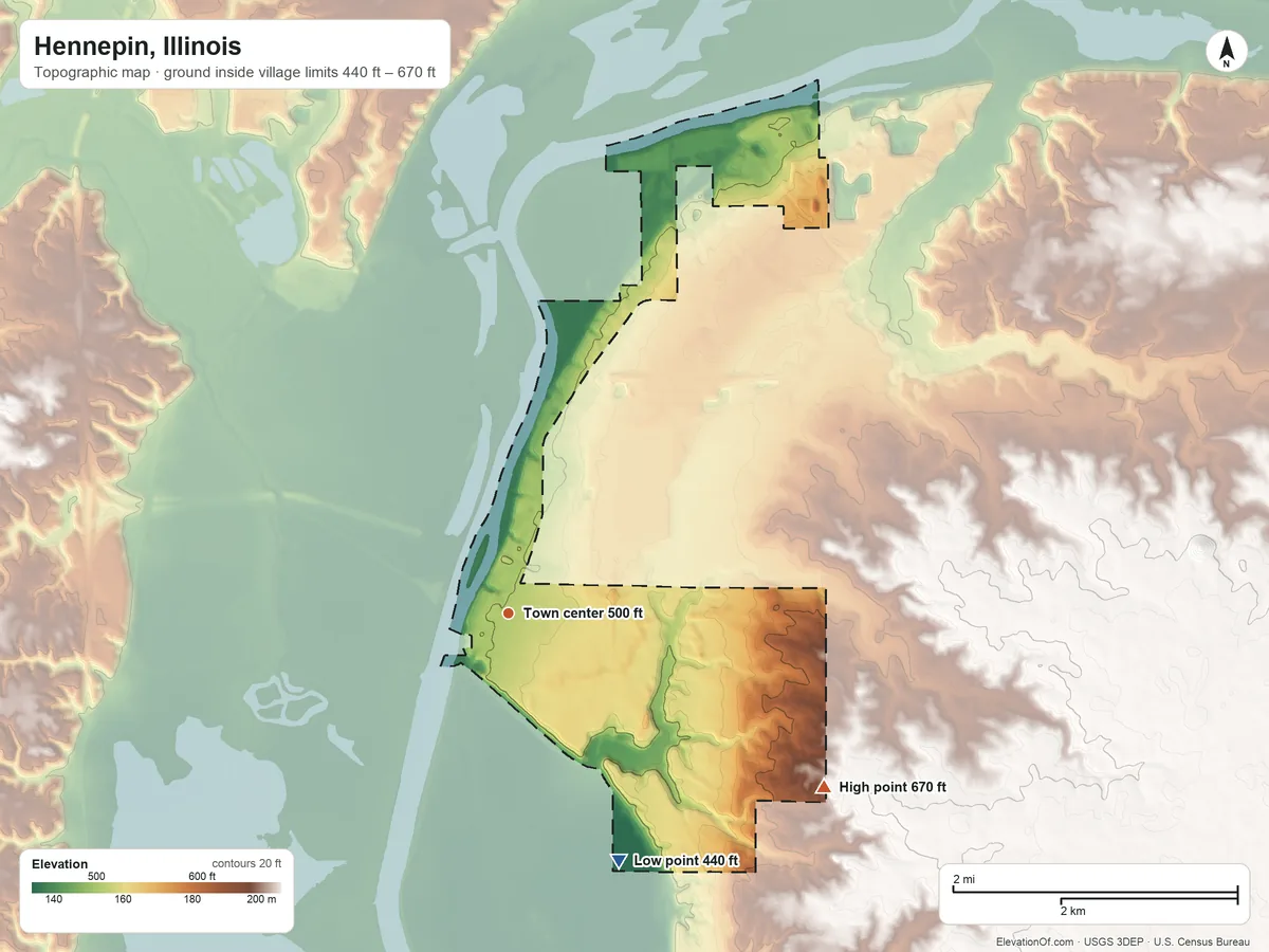 Topographic elevation map of Hennepin, Illinois, shaded from 440 ft on the southeast side to 670 ft on the southeast side