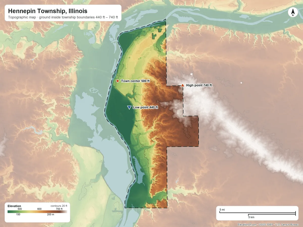 Topographic elevation map of Hennepin Township, Illinois, shaded from 440 ft on the southeast side to 740 ft on the east side