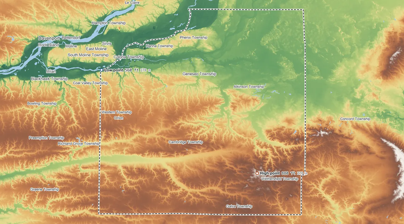 Topographic elevation map of Henry County, Illinois, shaded from 560 ft on the northwest side to 880 ft on the southeast side