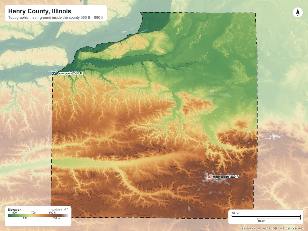 Topographic elevation map of Henry County, Illinois, shaded from 560 ft on the northwest side to 880 ft on the southeast side