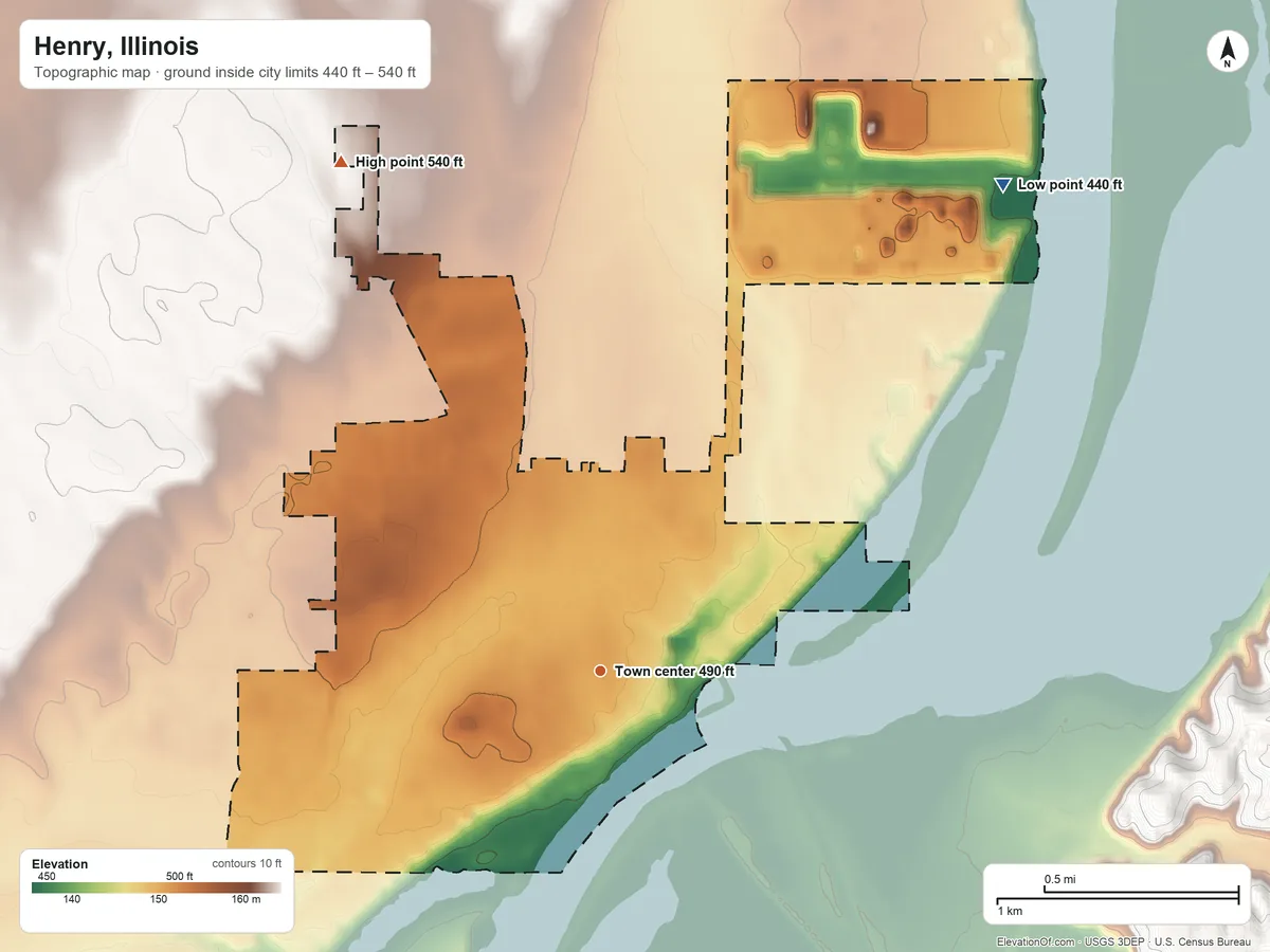 Topographic elevation map of Henry, Illinois, shaded from 440 ft on the northeast side to 540 ft on the northwest side