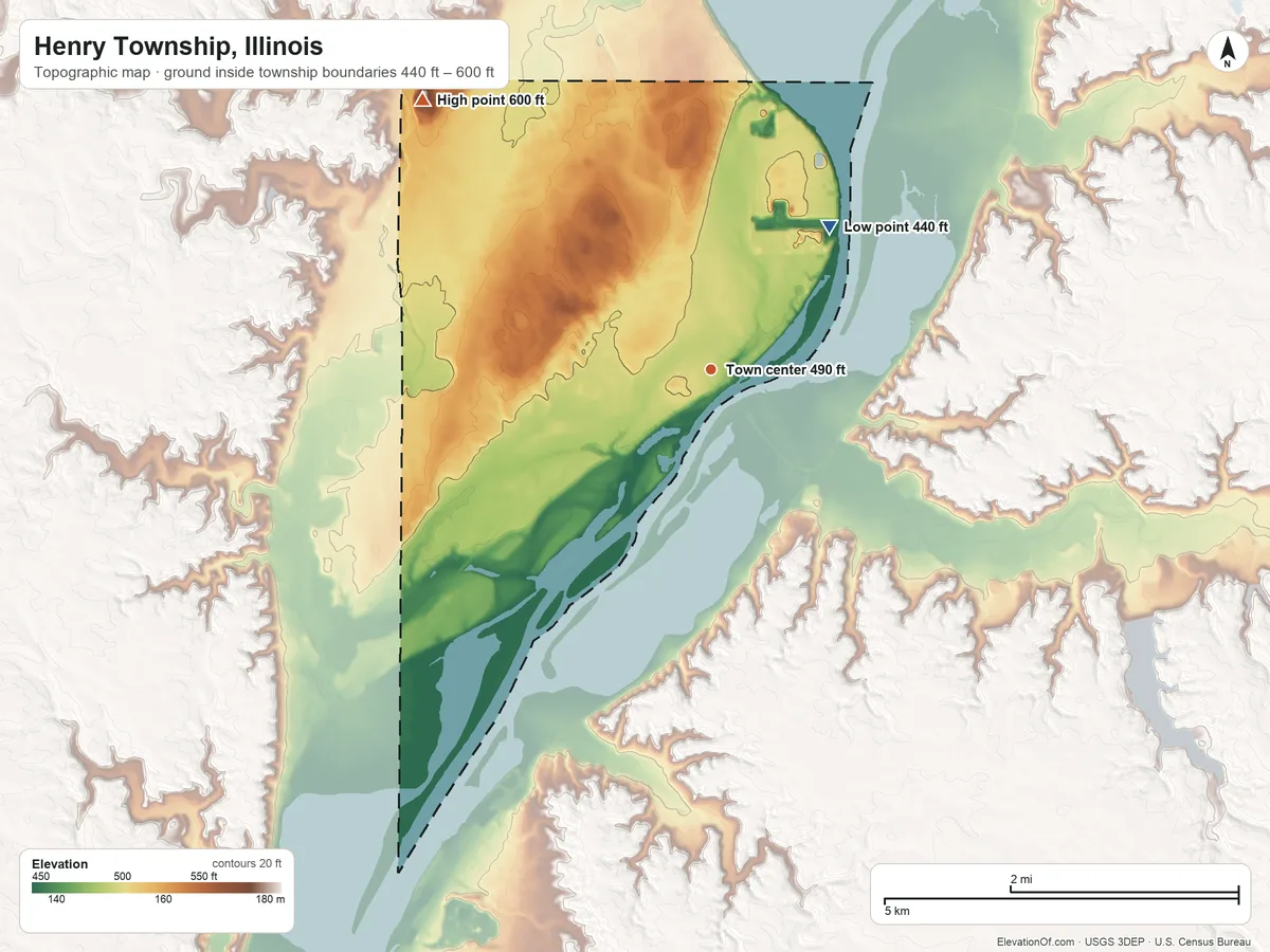 Topographic elevation map of Henry Township, Illinois, shaded from 440 ft on the northeast side to 600 ft on the northwest side