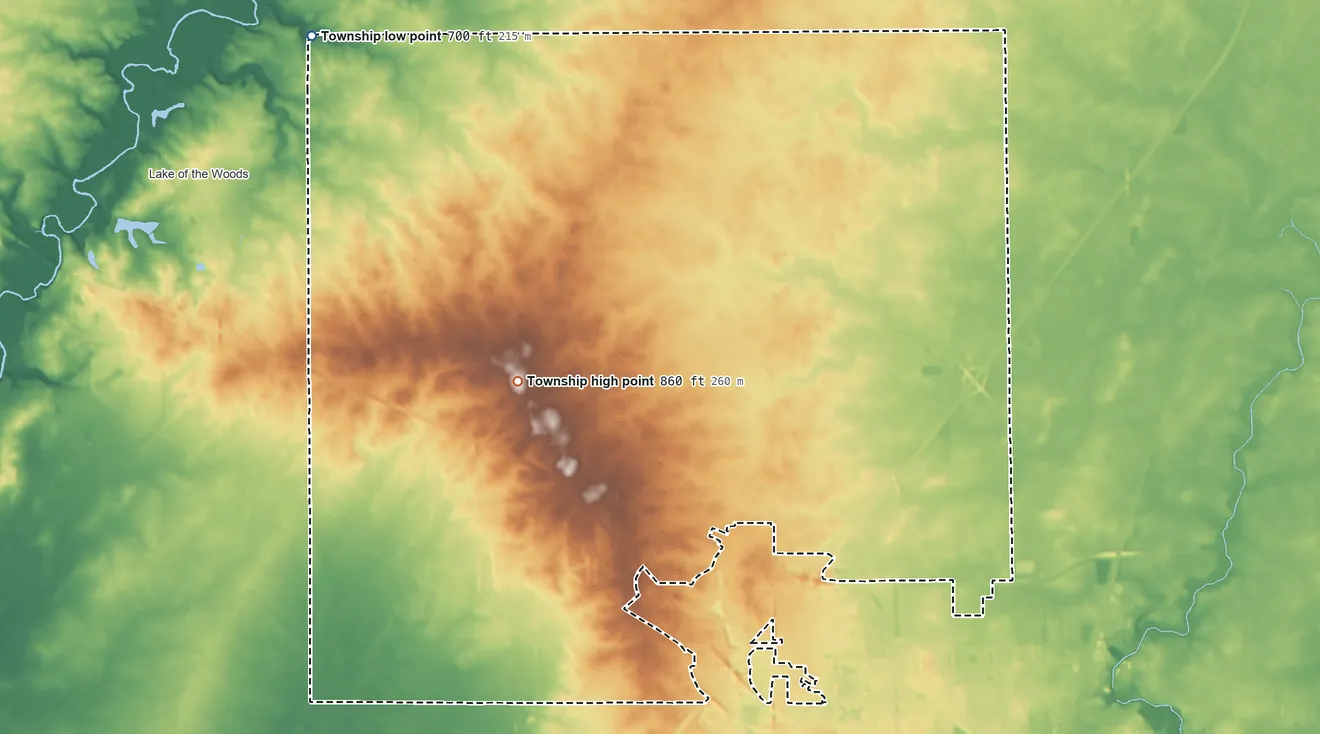Topographic elevation map of Hensley Township, Illinois, shaded from 700 ft on the northwest side to 860 ft on the northwest side