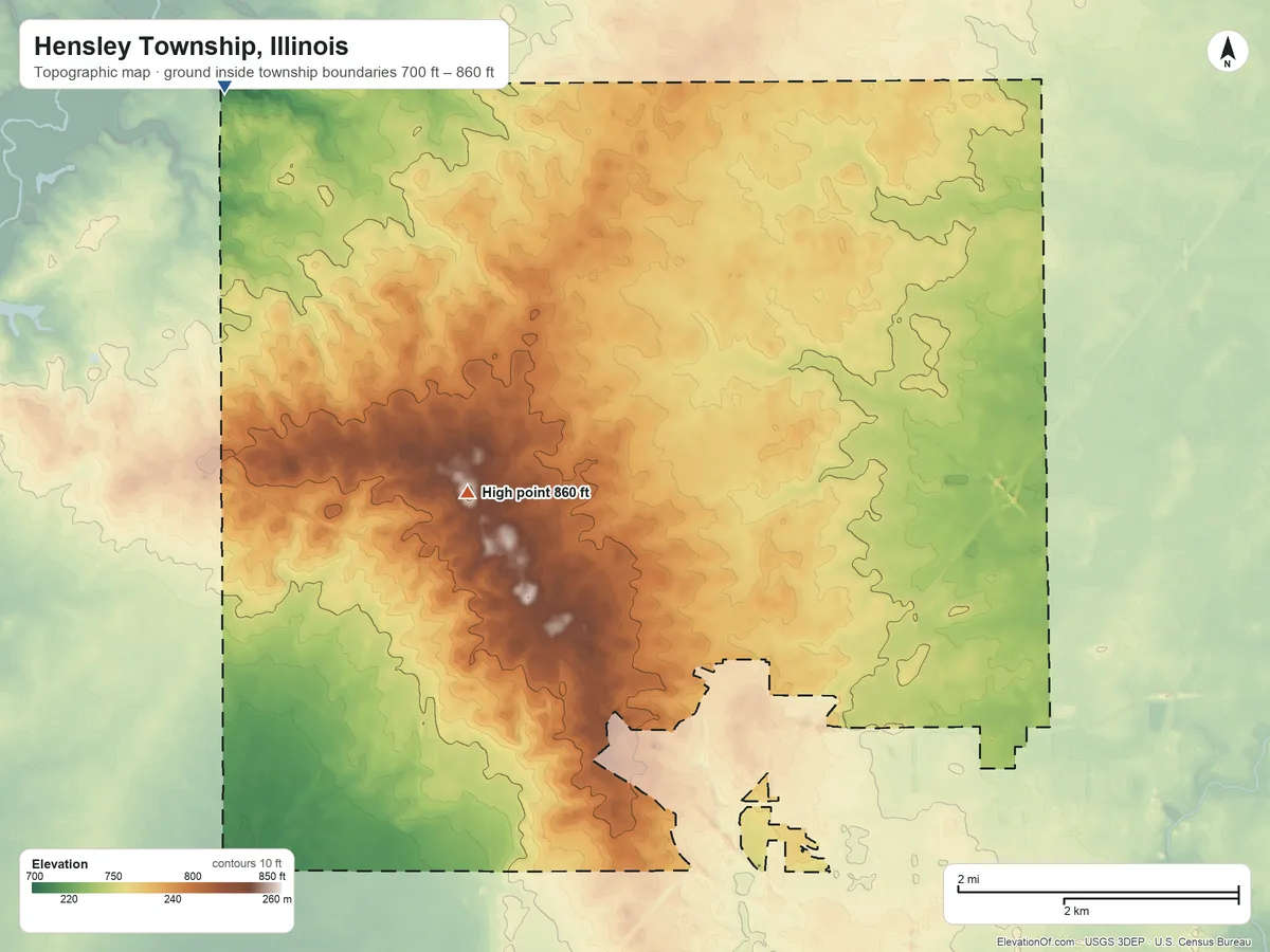 Topographic elevation map of Hensley Township, Illinois, shaded from 700 ft on the northwest side to 860 ft on the northwest side