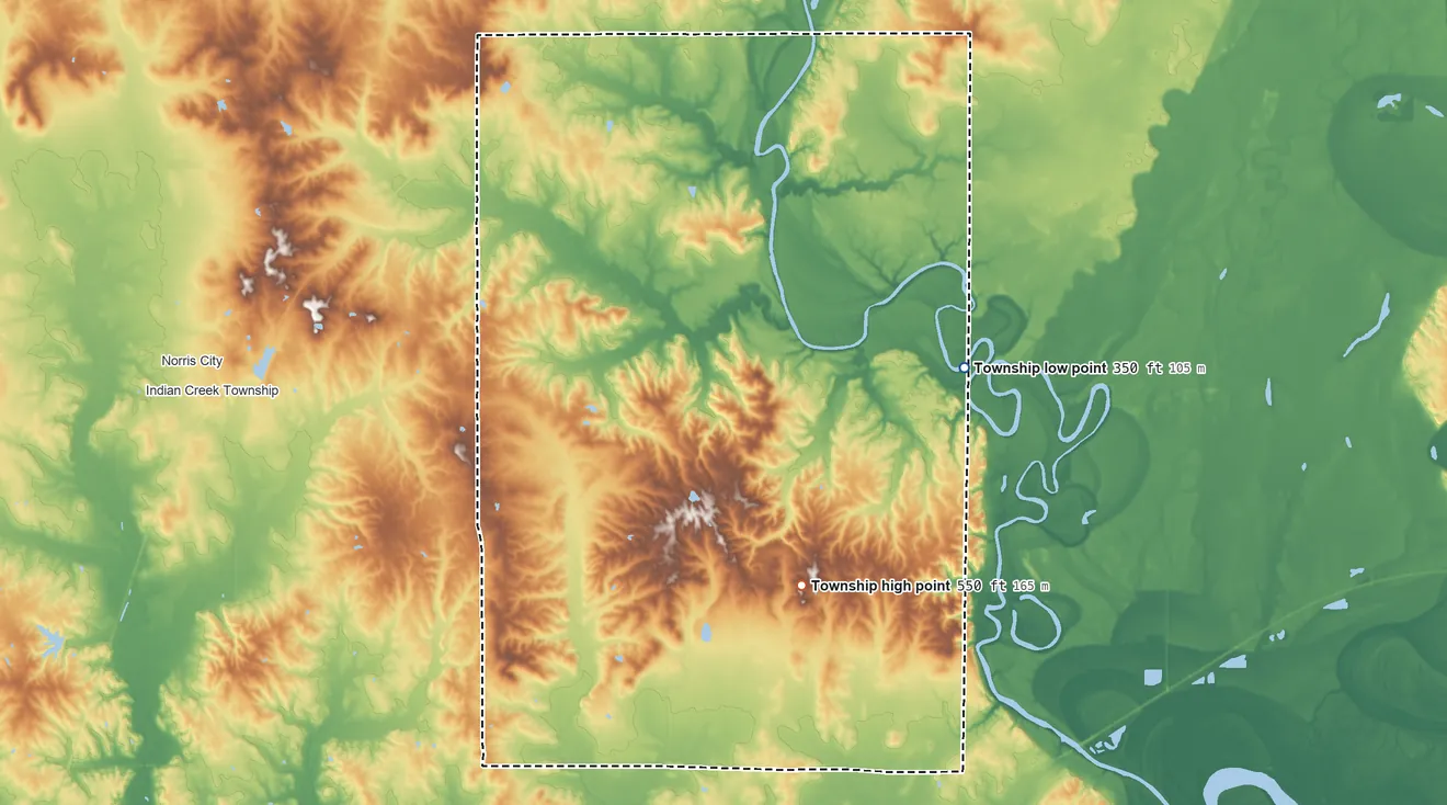 Topographic elevation map of Heralds Prairie Township, Illinois, shaded from 350 ft on the east side to 550 ft on the southeast side