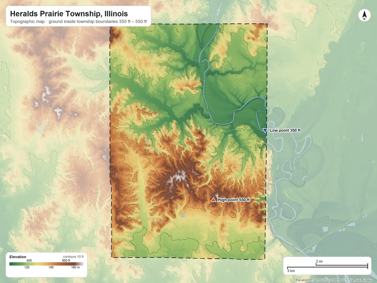 Topographic elevation map of Heralds Prairie Township, Illinois, shaded from 350 ft on the east side to 550 ft on the southeast side