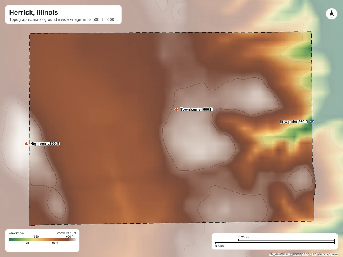 Topographic elevation map of Herrick, Illinois, shaded from 560 ft on the east side to 600 ft on the west side