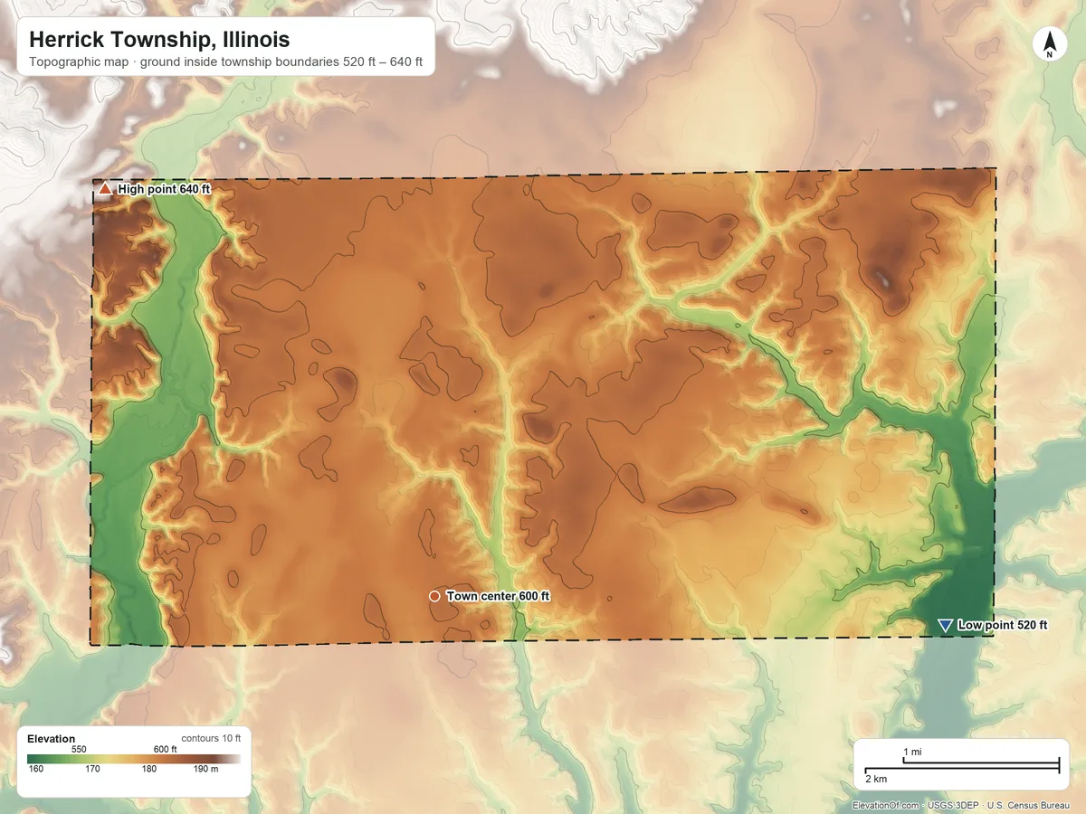 Topographic elevation map of Herrick Township, Illinois, shaded from 520 ft on the east side to 640 ft on the northwest side