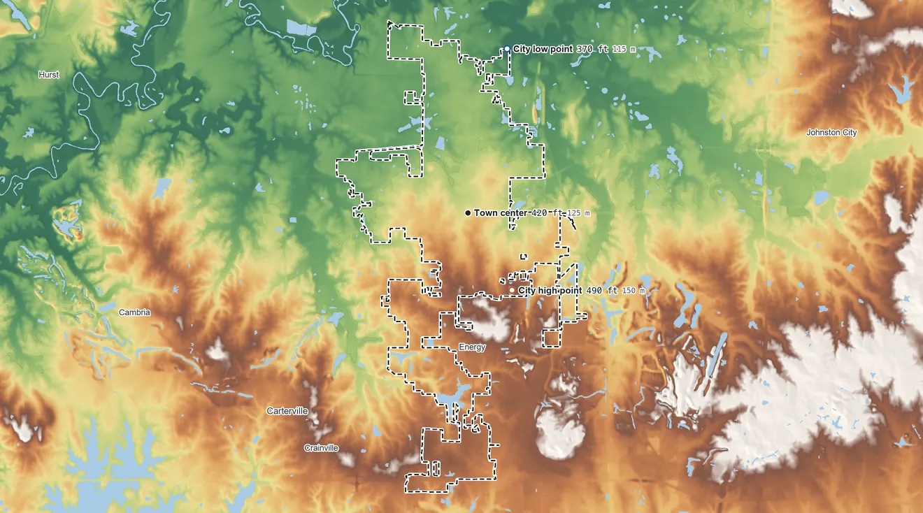 Topographic elevation map of Herrin, Illinois, shaded from 370 ft on the north side to 490 ft on the southeast side