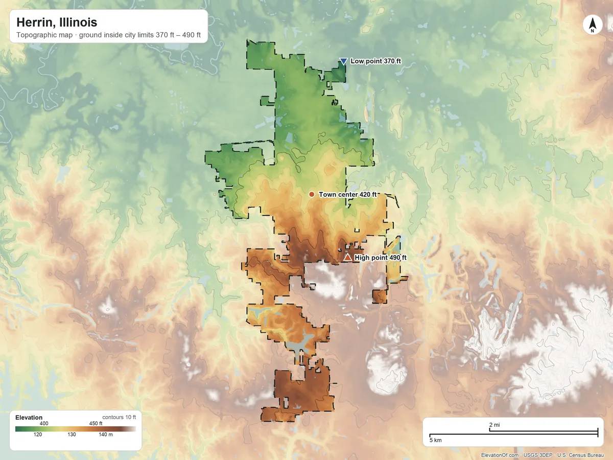 Topographic elevation map of Herrin, Illinois, shaded from 370 ft on the north side to 490 ft on the southeast side