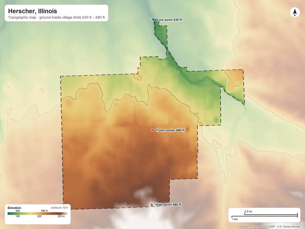 Topographic elevation map of Herscher, Illinois, shaded from 630 ft on the north side to 680 ft on the south side