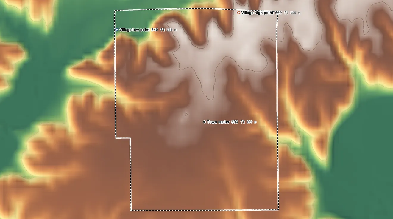 Topographic elevation map of Hettick, Illinois, shaded from 540 ft on the northwest side to 600 ft on the north side