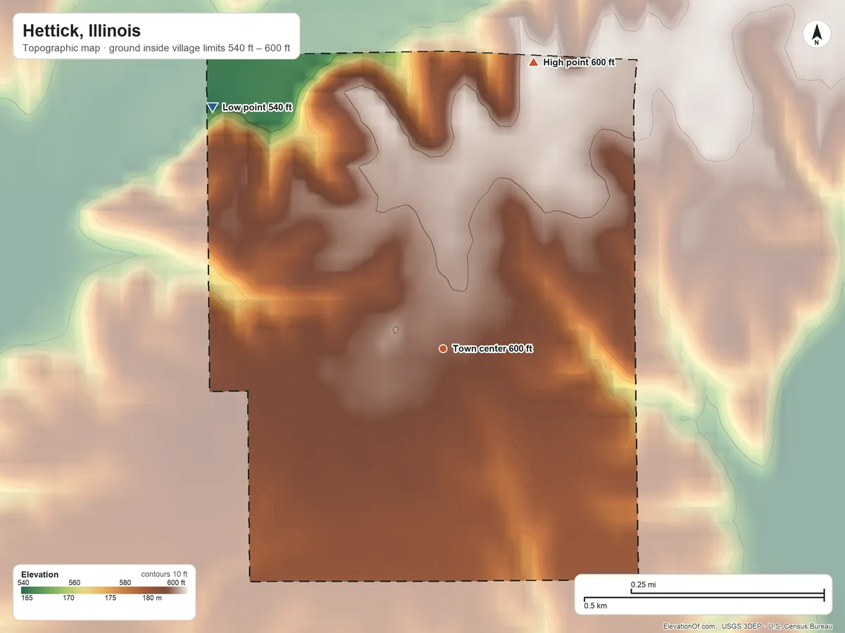 Topographic elevation map of Hettick, Illinois, shaded from 540 ft on the northwest side to 600 ft on the north side