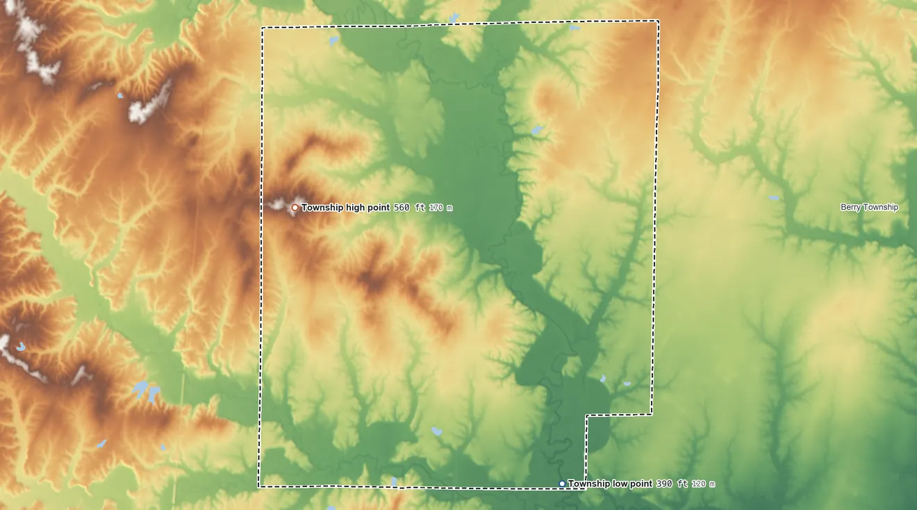 Topographic elevation map of Hickory Hill Township, Illinois, shaded from 390 ft on the south side to 560 ft on the west side