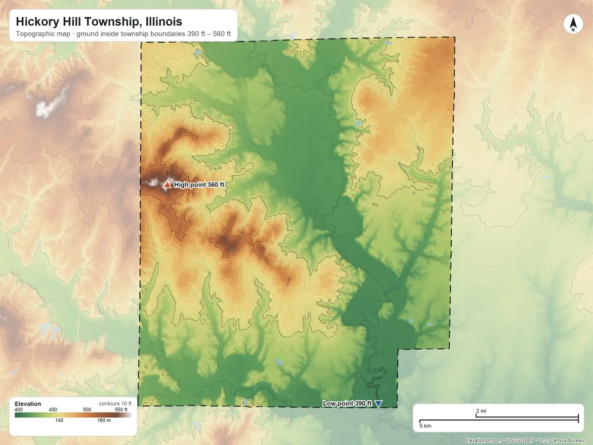 Topographic elevation map of Hickory Hill Township, Illinois, shaded from 390 ft on the south side to 560 ft on the west side