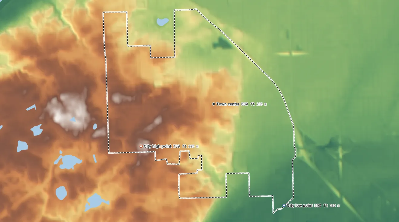 Topographic elevation map of Hickory Hills, Illinois, shaded from 590 ft on the southeast side to 750 ft on the southwest side