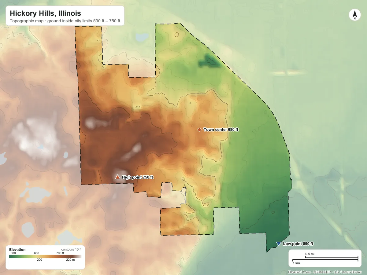 Topographic elevation map of Hickory Hills, Illinois, shaded from 590 ft on the southeast side to 750 ft on the southwest side