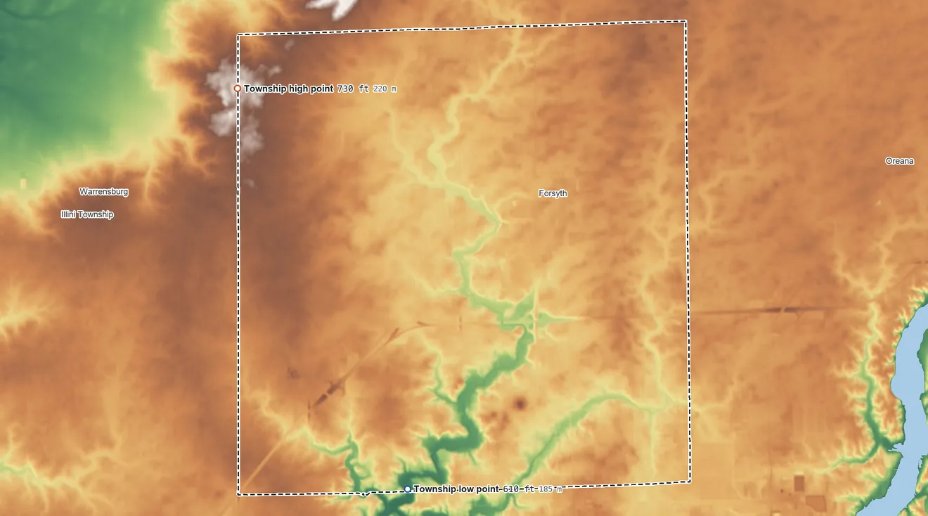 Topographic elevation map of Hickory Point Township, Illinois, shaded from 610 ft on the southwest side to 730 ft on the northwest side