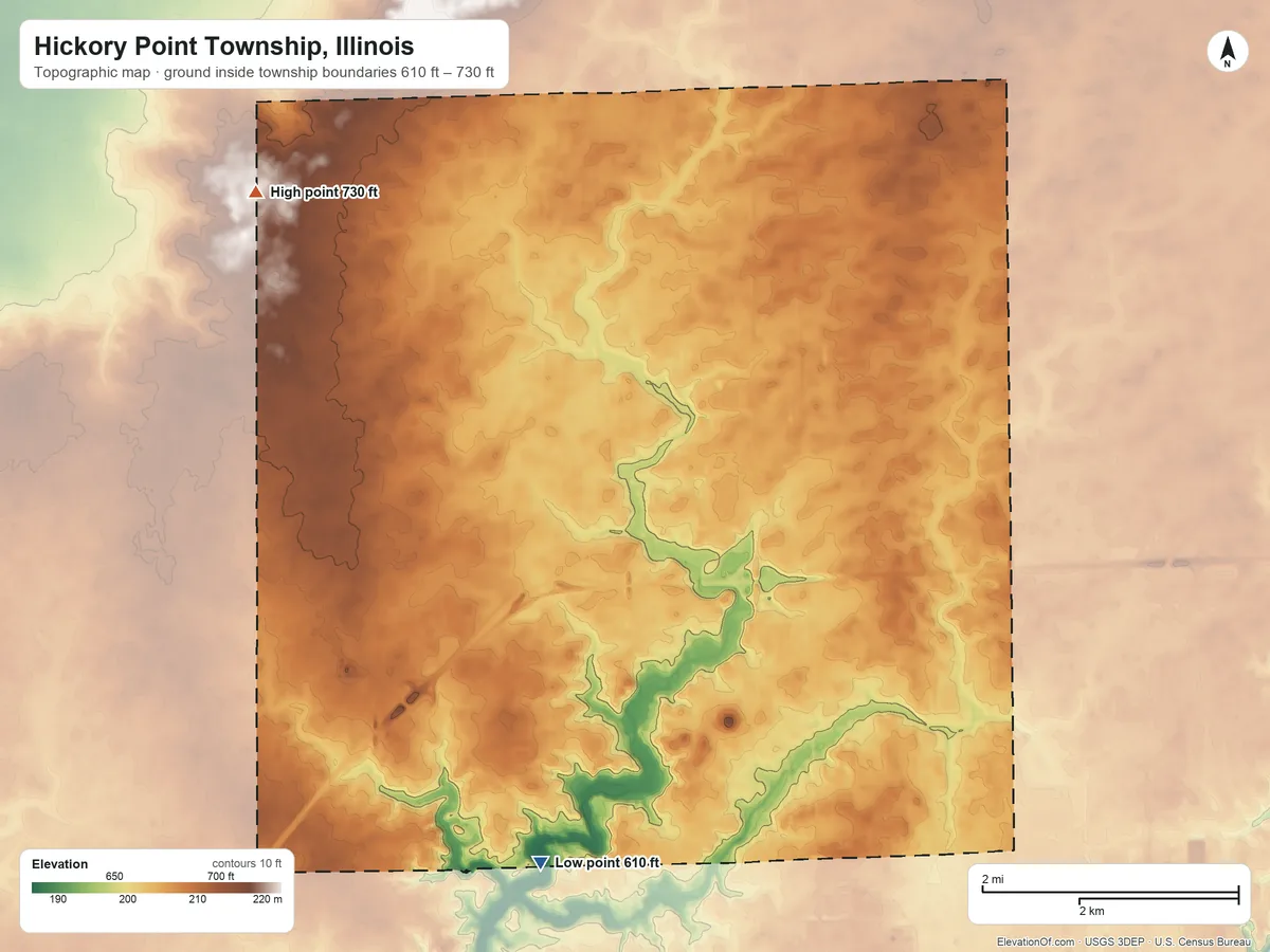 Topographic elevation map of Hickory Point Township, Illinois, shaded from 610 ft on the southwest side to 730 ft on the northwest side