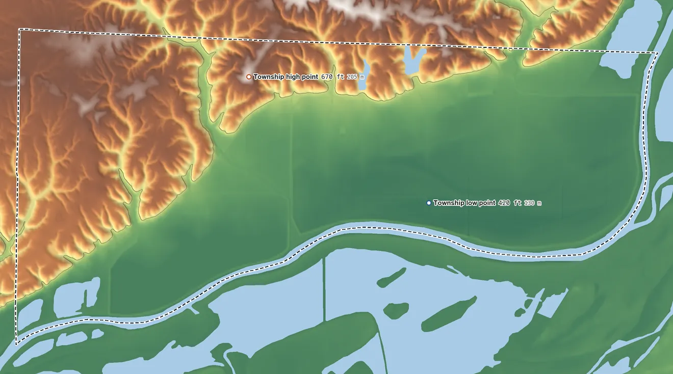 Topographic elevation map of Hickory Township, Illinois, shaded from 420 ft on the east side to 670 ft near the middle