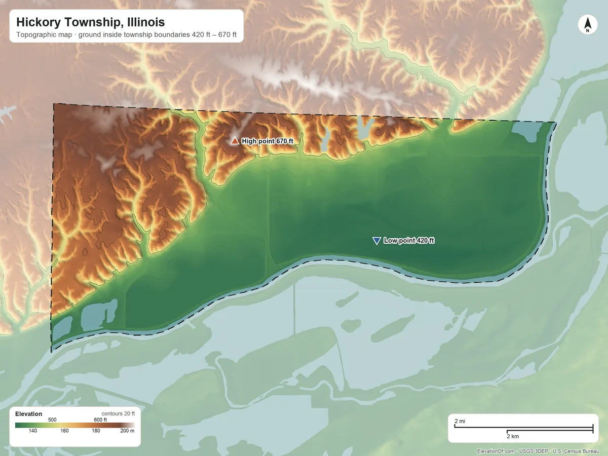 Topographic elevation map of Hickory Township, Illinois, shaded from 420 ft on the east side to 670 ft near the middle
