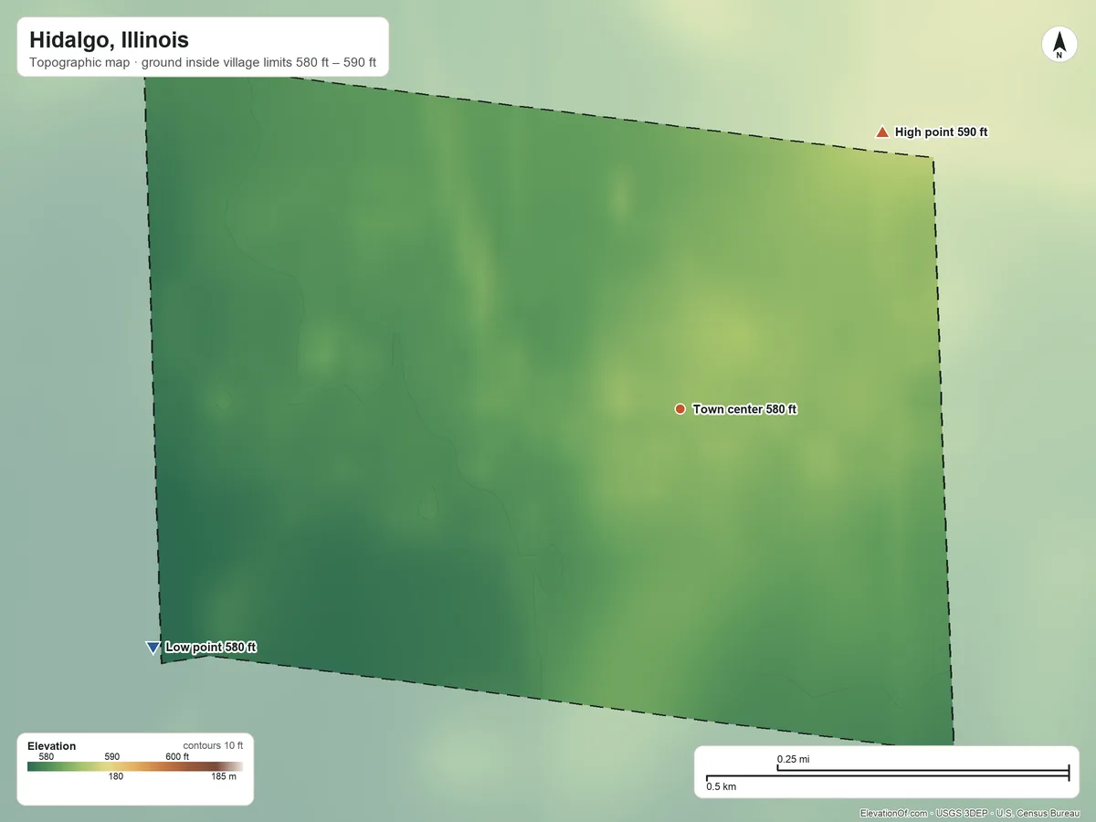 Topographic elevation map of Hidalgo, Illinois, shaded from 580 ft on the southwest side to 590 ft on the northeast side