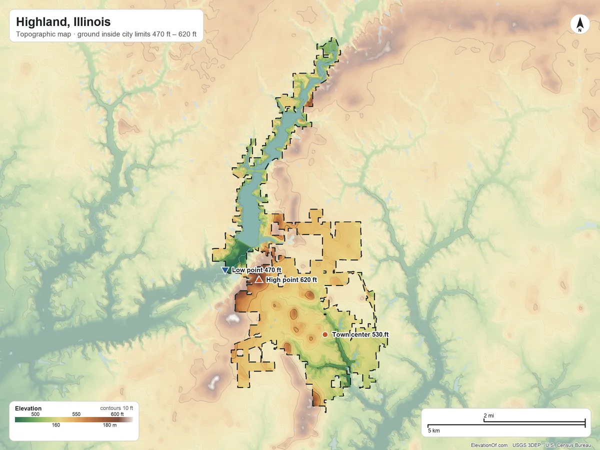 Topographic elevation map of Highland, Illinois, shaded from 470 ft on the northwest side to 620 ft on the northwest side