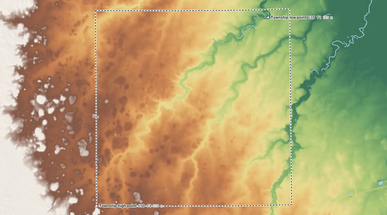 Topographic elevation map of Highland Township, Illinois, shaded from 610 ft on the east side to 690 ft on the southwest side