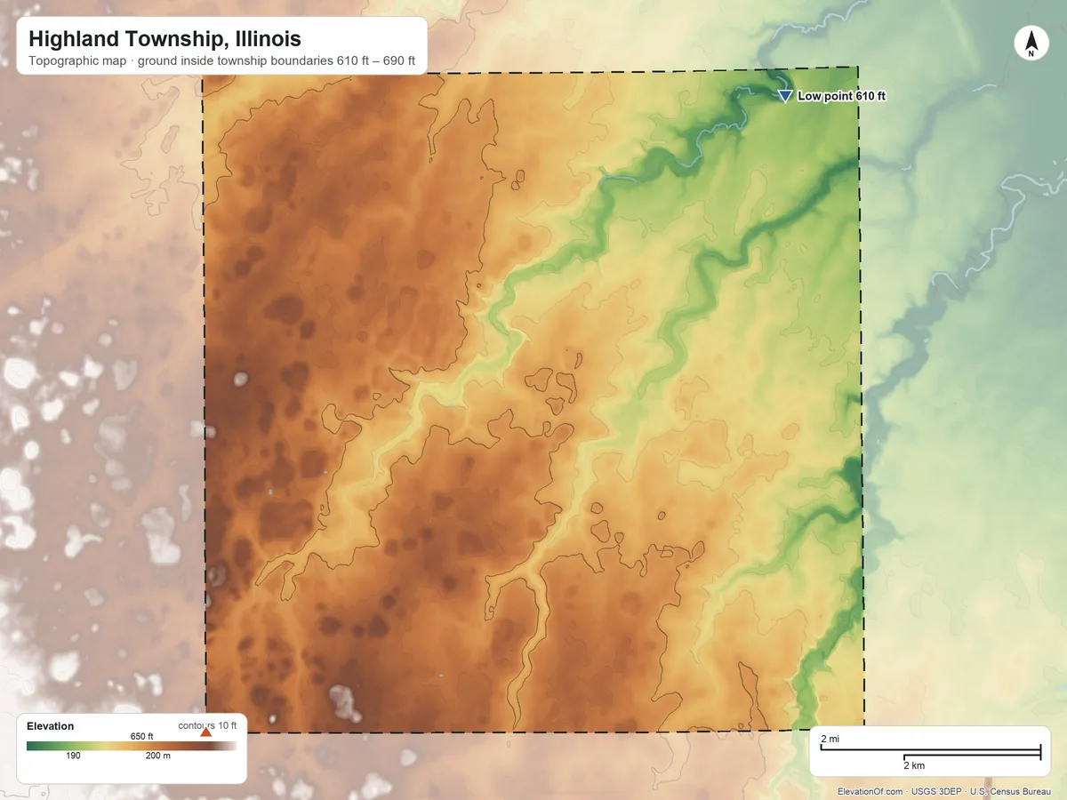 Topographic elevation map of Highland Township, Illinois, shaded from 610 ft on the east side to 690 ft on the southwest side