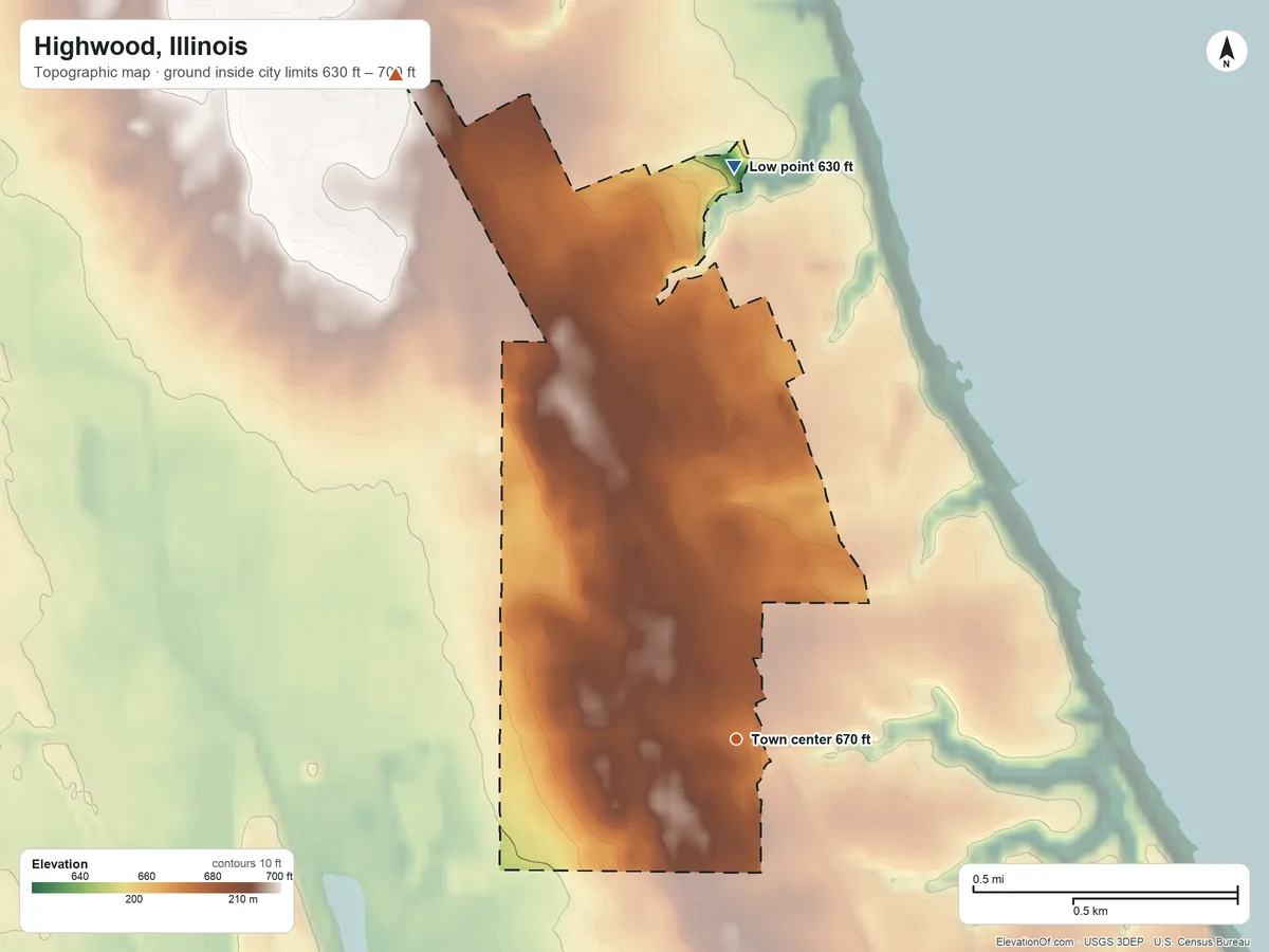 Topographic elevation map of Highwood, Illinois, shaded from 630 ft on the north side to 700 ft on the northwest side