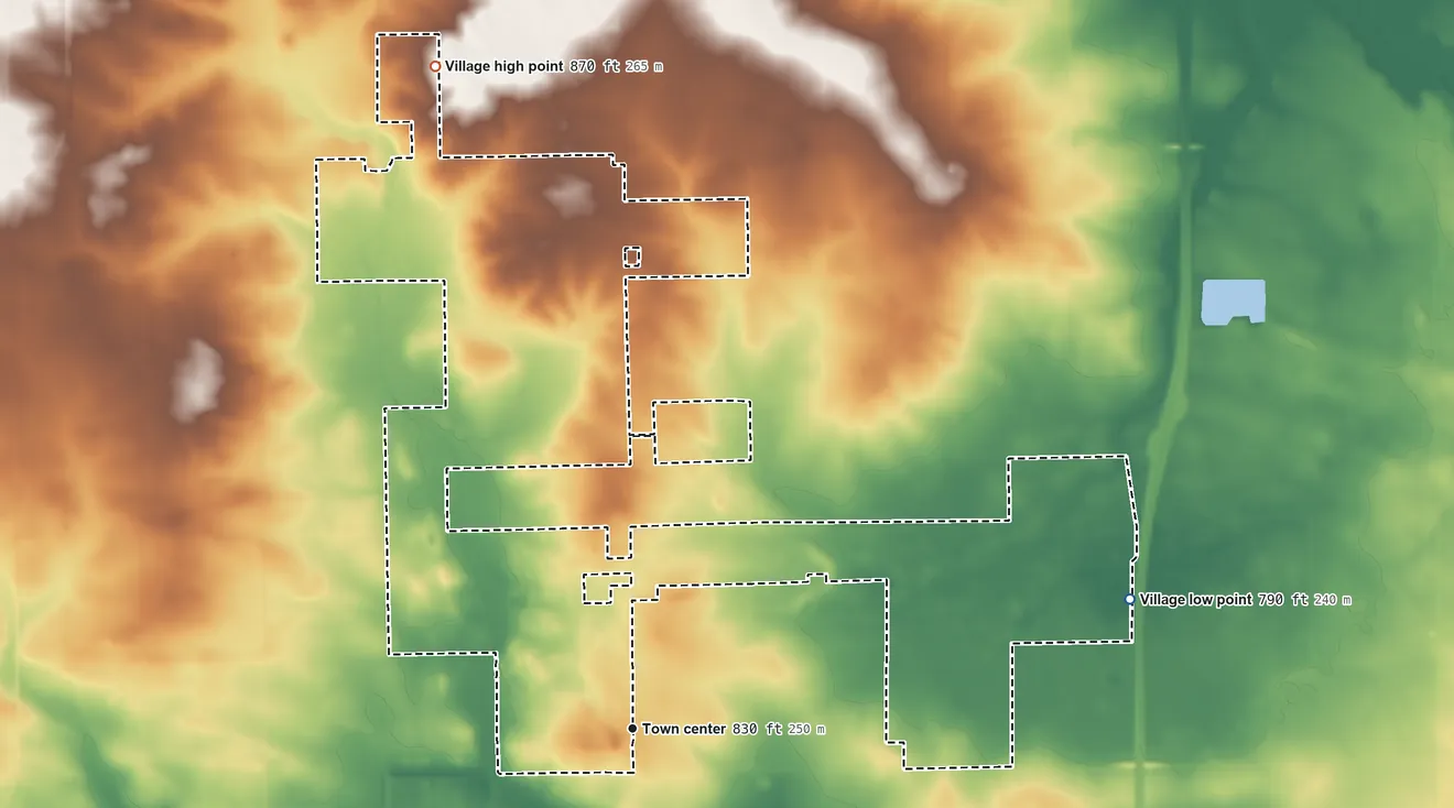 Topographic elevation map of Hillcrest, Illinois, shaded from 790 ft on the east side to 870 ft on the north side
